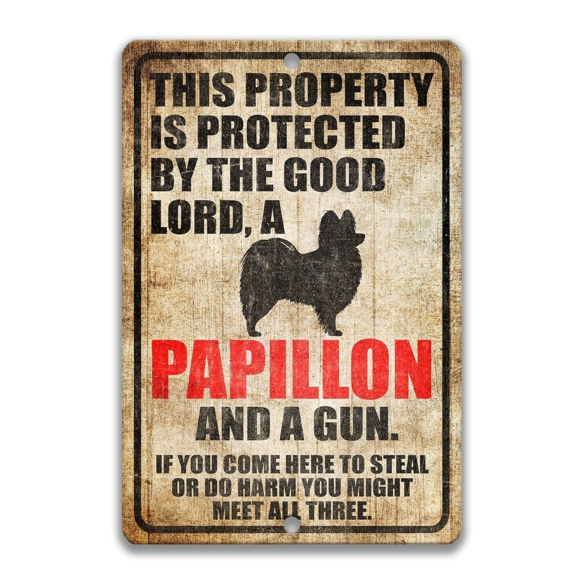 The image is a sign that reads "This property is protected by the good Lord, a Papillon and a gun. If you come here to steal or do harm, you might meet all three."