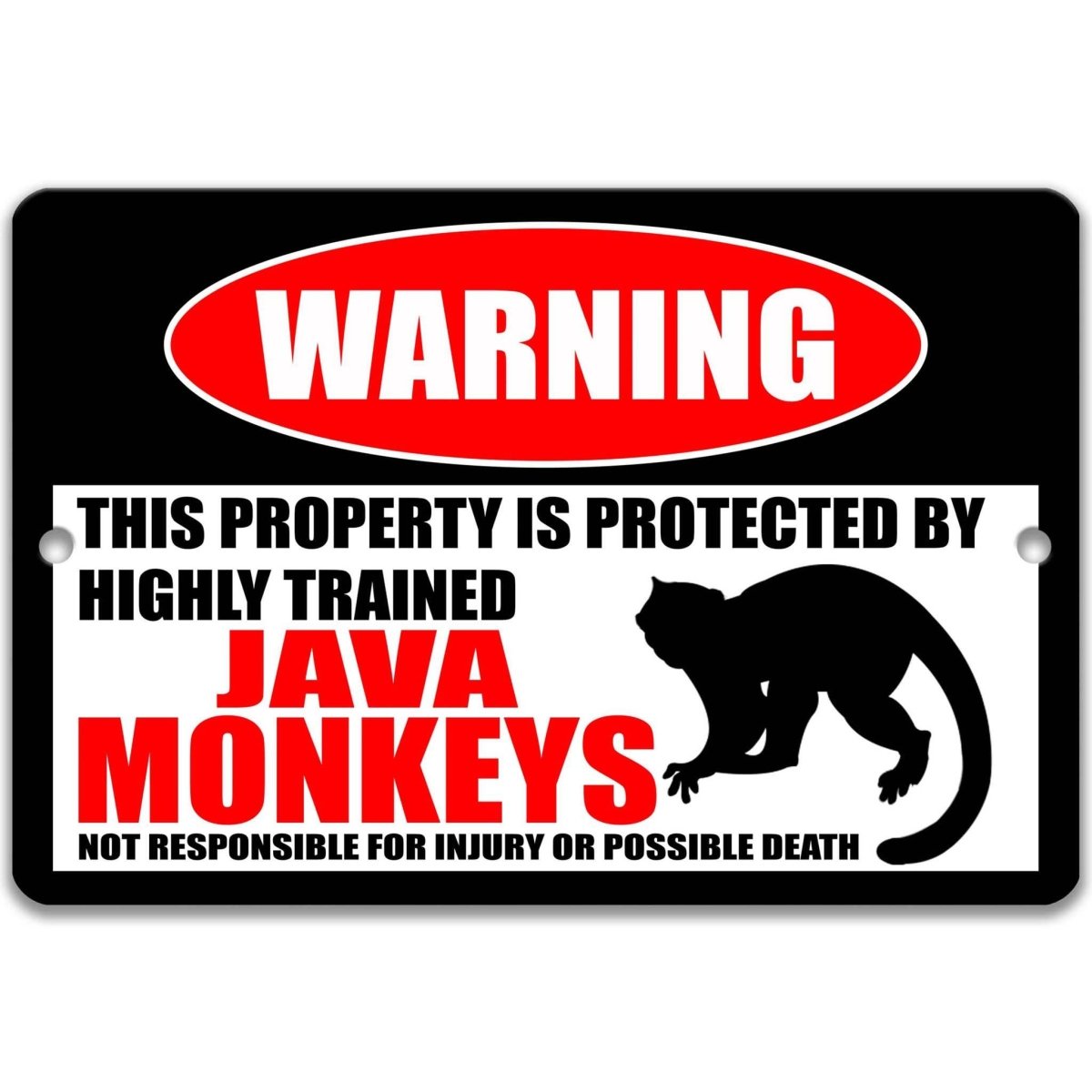Java monkey warning metal sign, glossy black, red WARNING oval and long-tailed macaque silhouette