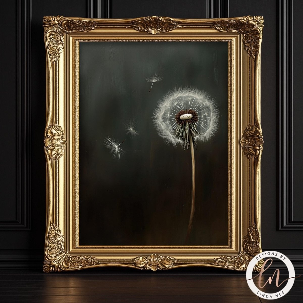 Fluffy dandelion seed head floating in still dark air
