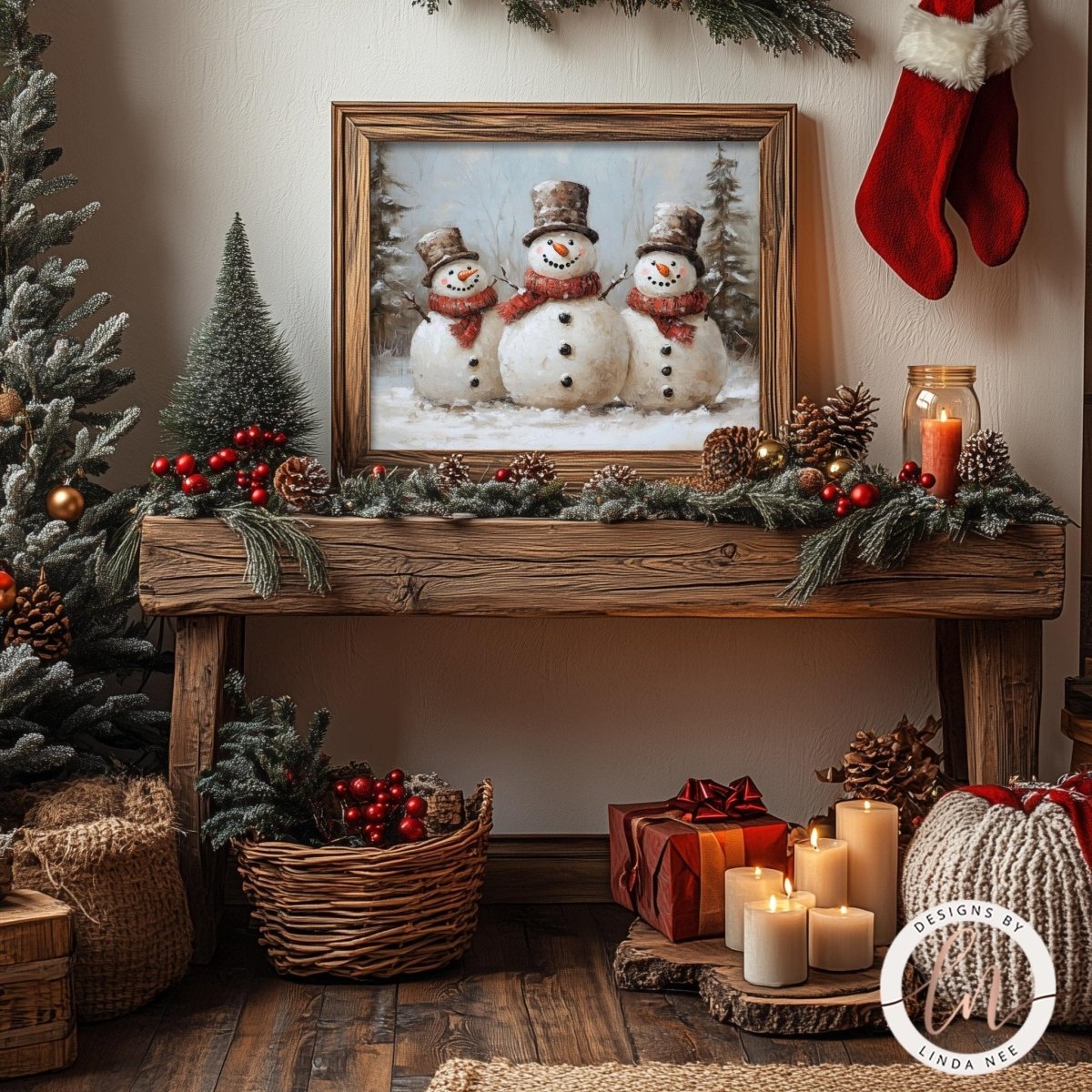 Vintage snowmen print styled with pine cones, red berries and a lit candle