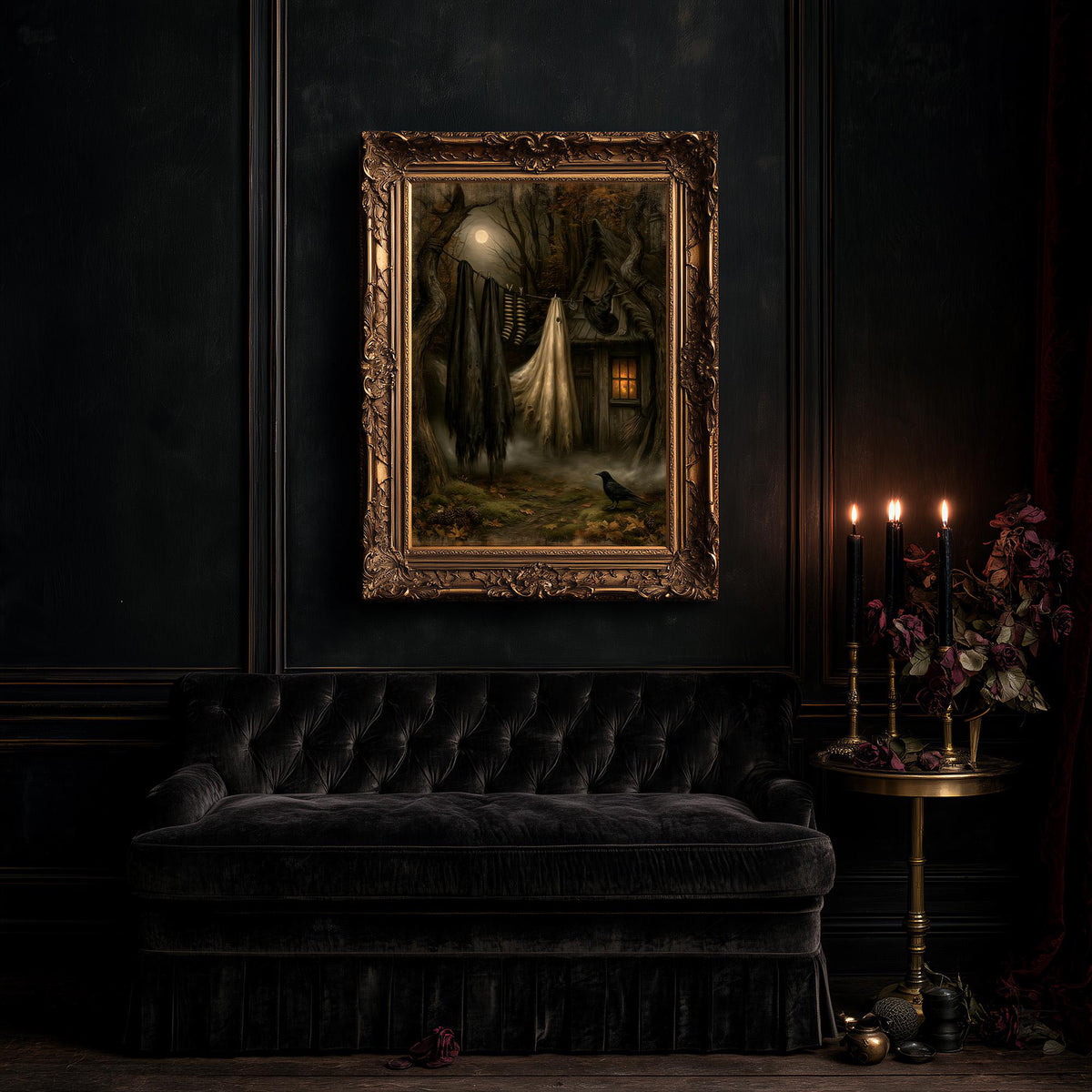 Large witch cottage artwork above a black tufted sofa in a candlelit room