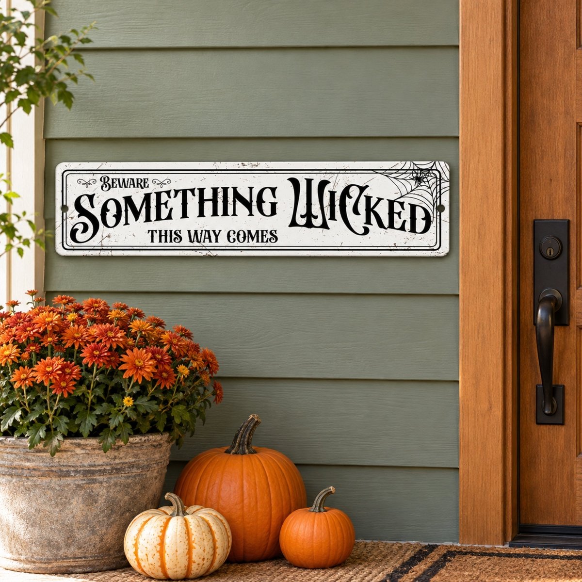 Beware Something Wicked Halloween sign on a front door with orange flowers and pumpkins