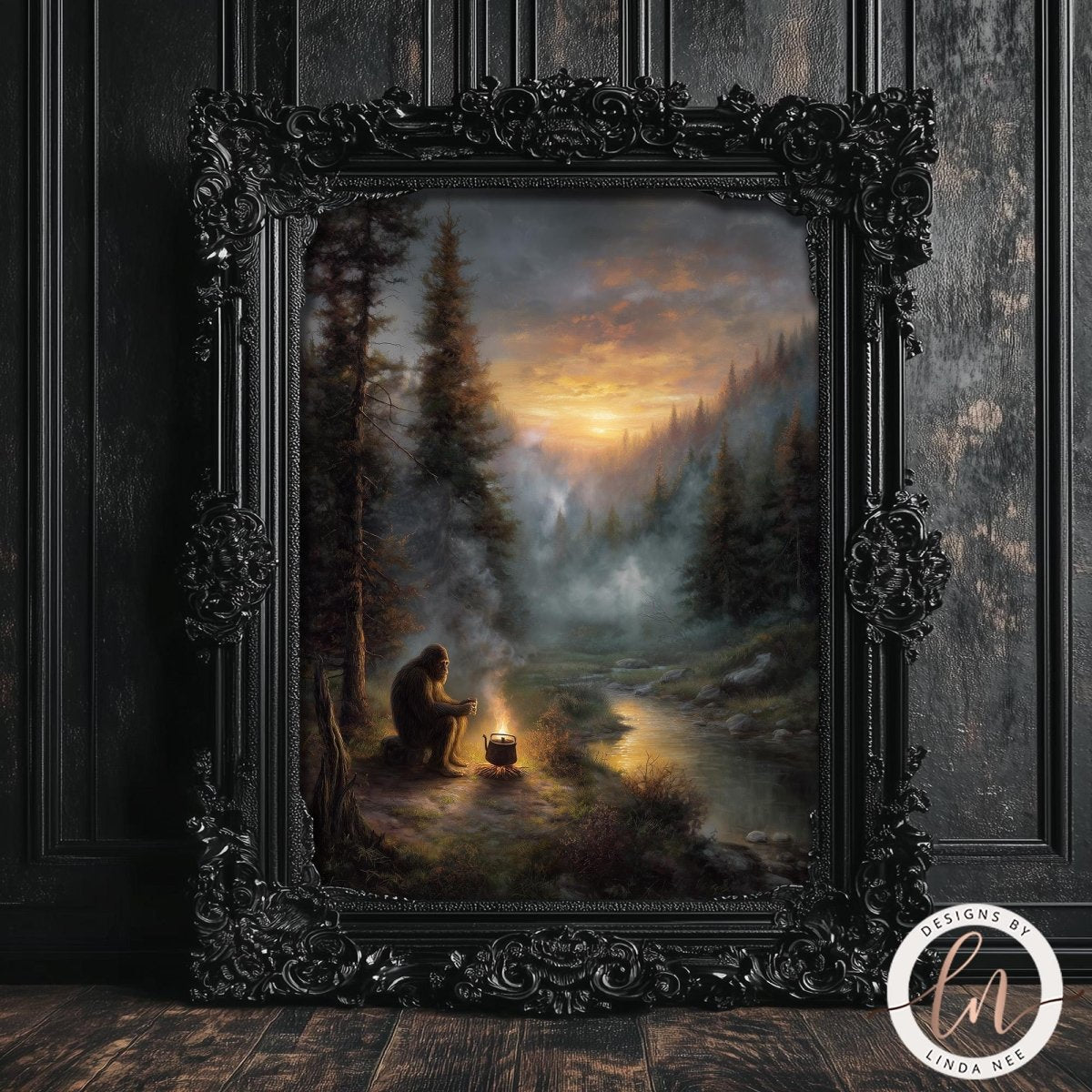 A painting of a person sitting by a campfire in a forest, with a breathtaking sunset in the background.