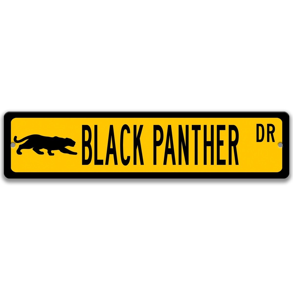 Black Panther metal street sign with a yellow background reading BLACK PANTHER DR with a prowling panther silhouette