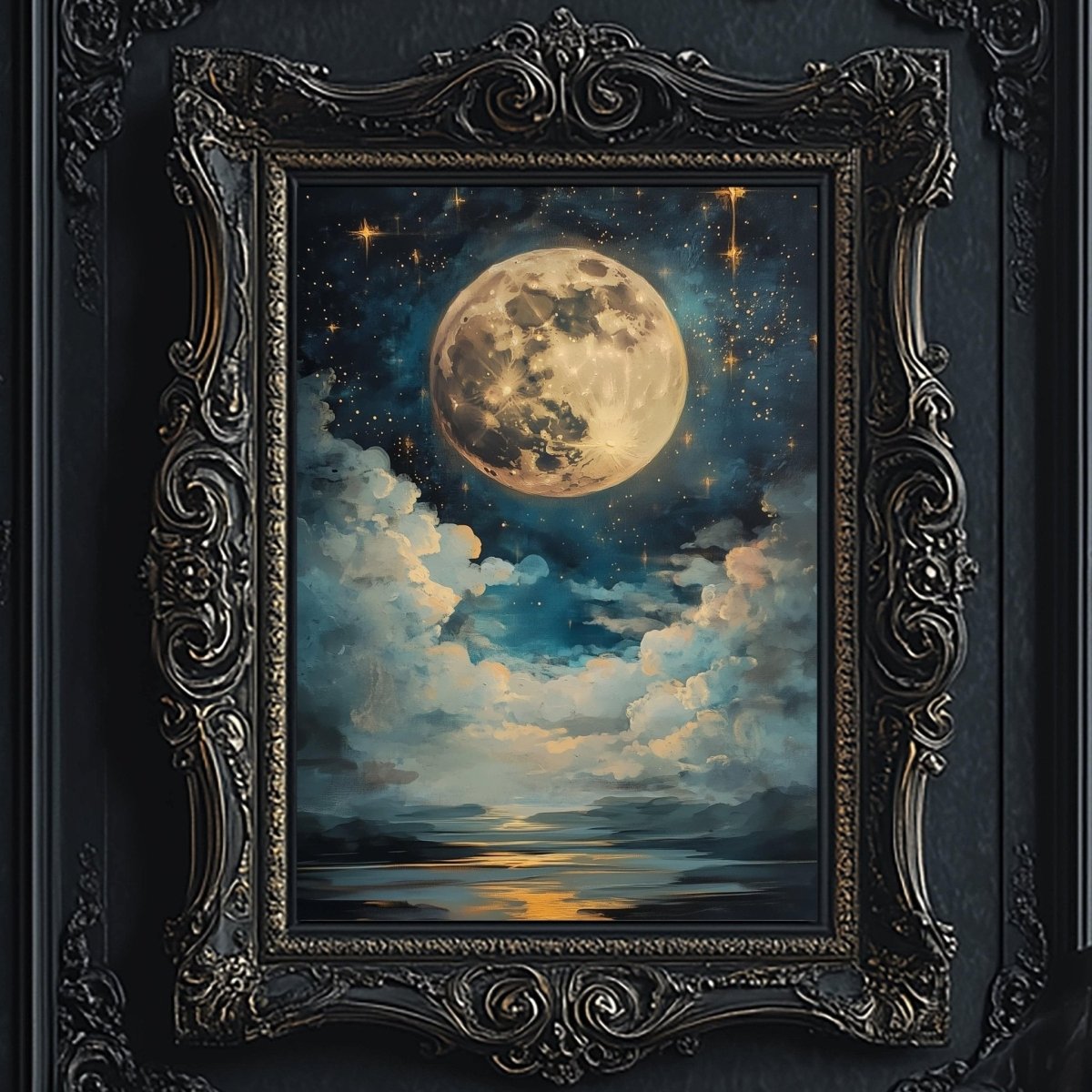 Warm golden moon reflecting over open water at dusk