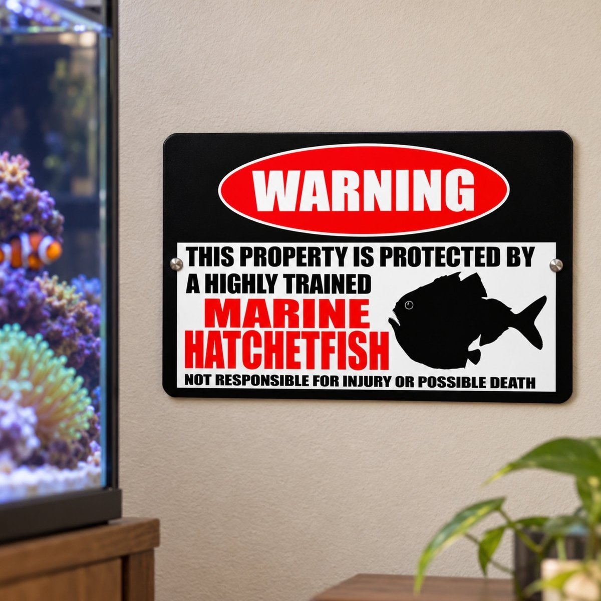 Funny deep sea fish metal warning sign alerting visitors to a highly trained marine hatchetfish on the property