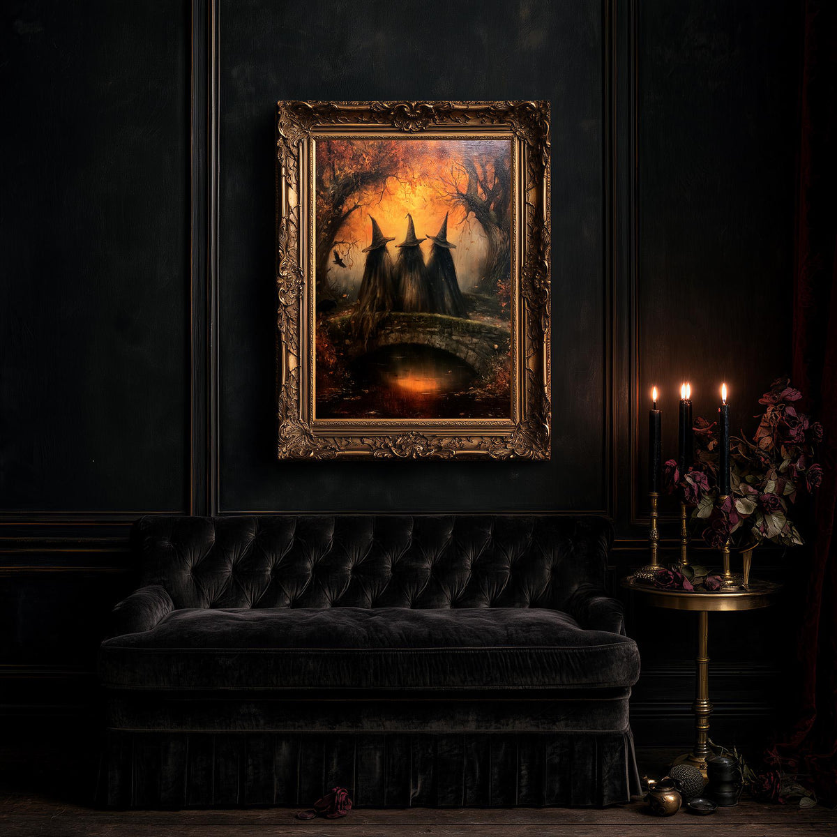 Large coven artwork above a black tufted sofa and a small table of candles