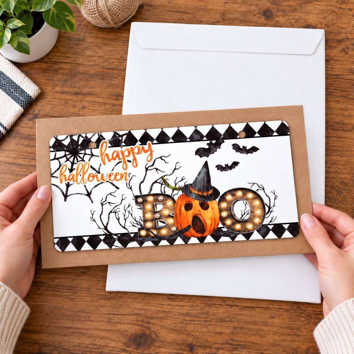 Happy Halloween Bats and Pumpkin sign held in hand to show size