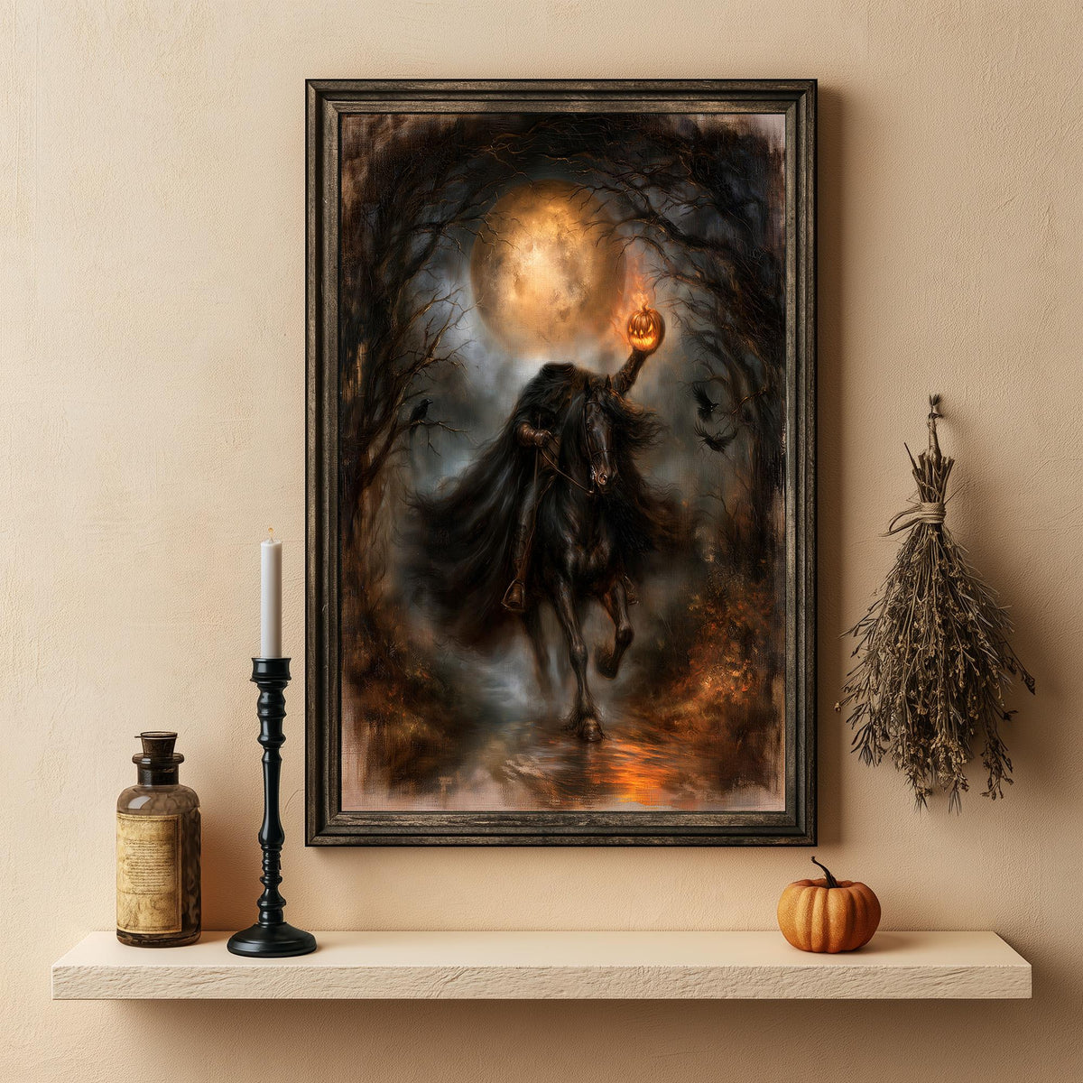 Headless horseman wall art above a shelf with a candle, a bottle, and a pumpkin