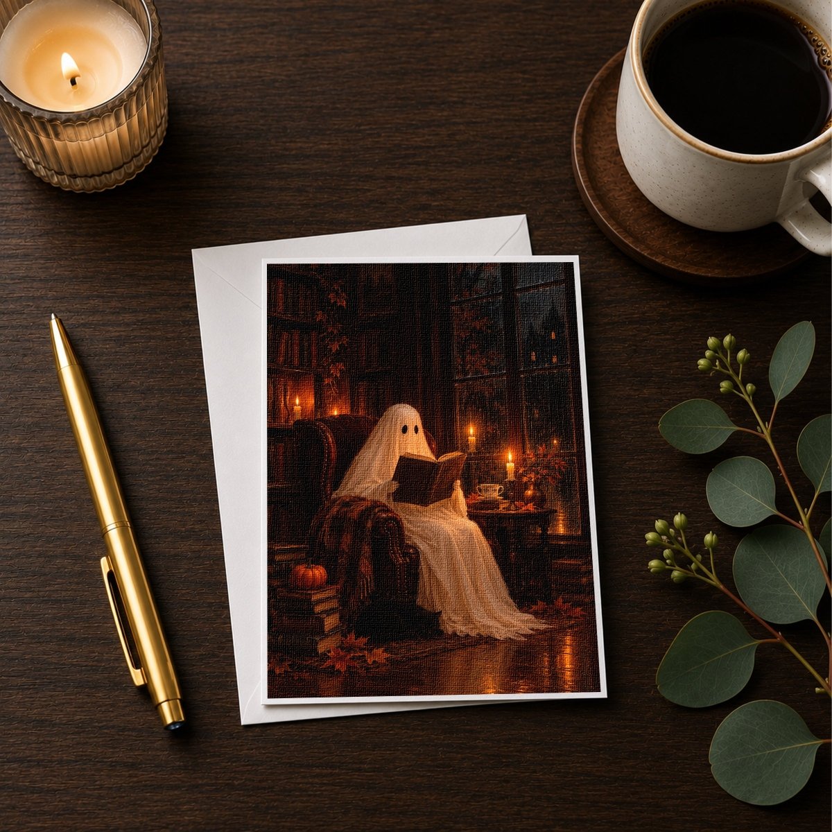 Ghost reading Halloween note card styled with a candle, pen, and coffee cup on a wooden desk