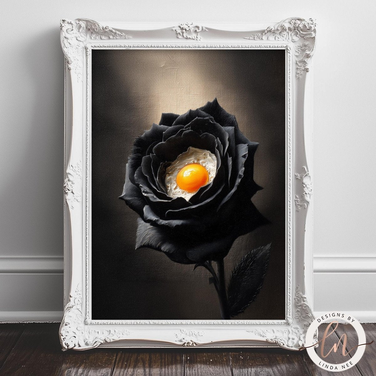 A framed image of a black rose with an egg yolk in the center, set against a dark background.