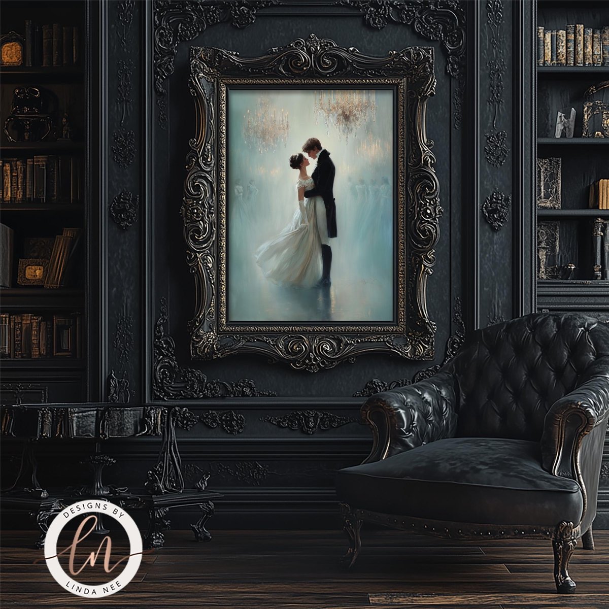 a painting of a couple in a romantic embrace, displayed in an ornate frame on a dark wall. The painting is surrounded by an elaborate frame, and the room has a dark, elegant atmosphere with a black leather chair and a bookshelf filled with books.