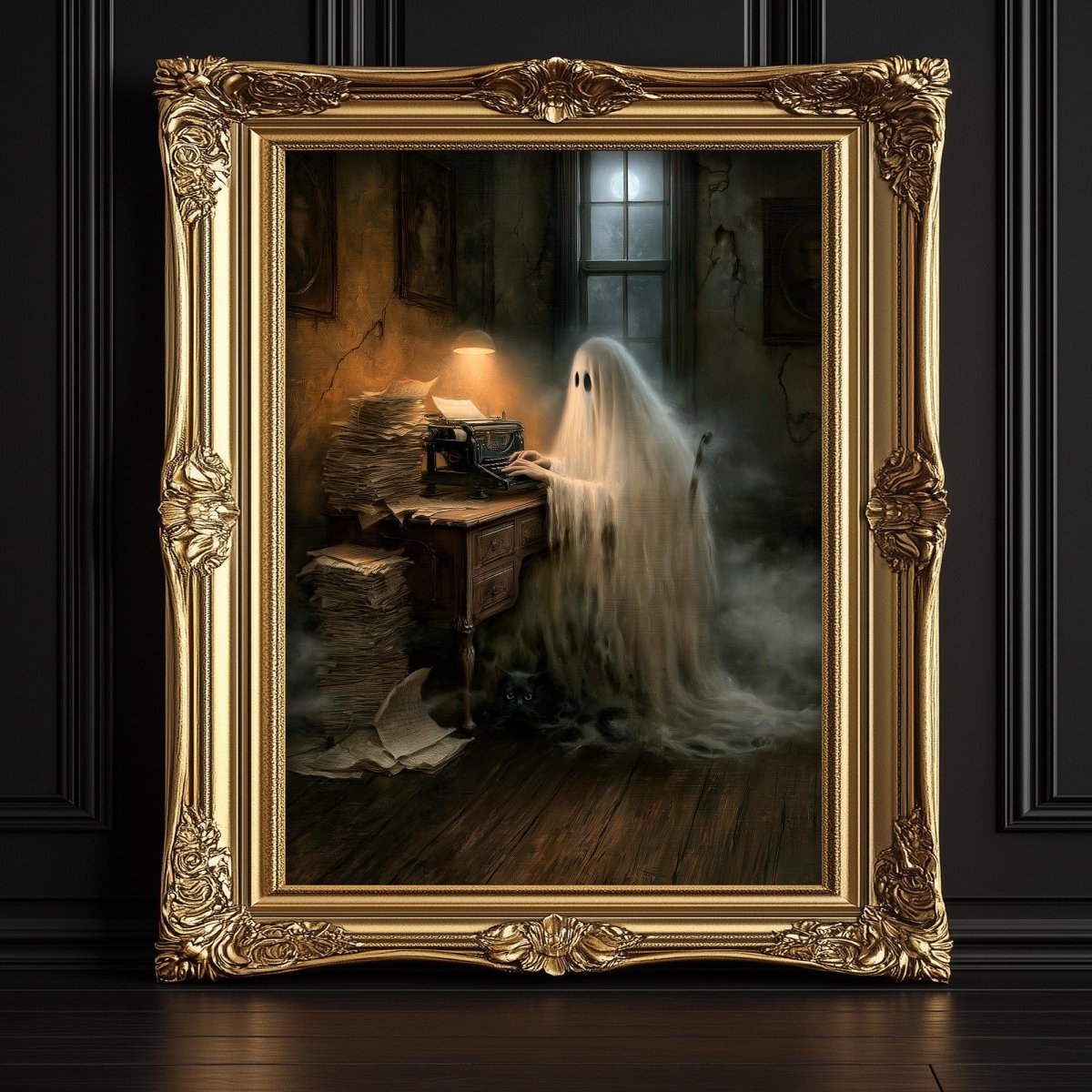 Ghost writer at an antique typewriter art print with stacked papers and a desk lamp