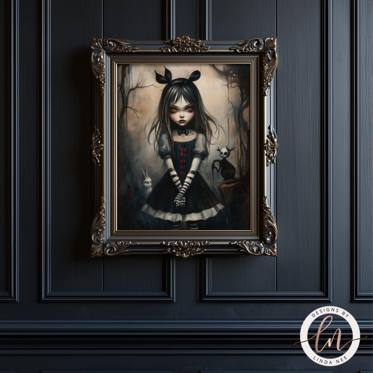 Gothic girl artwork shown with a cat and a bird in a moody setting