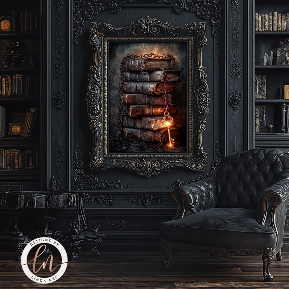 Books with glowing key print displayed in an ornate frame