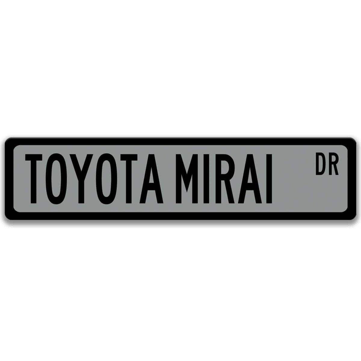 Gray metal street sign with black text reading TOYOTA MIRAI DR