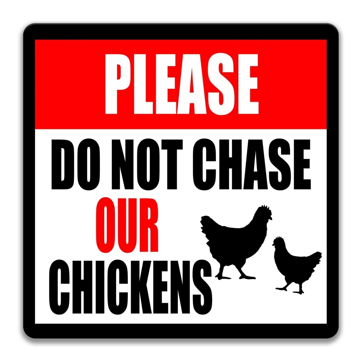 Square do not chase our chickens metal sign, 'please do not chase our chickens' and hen silhouettes, aluminum with rounded corners