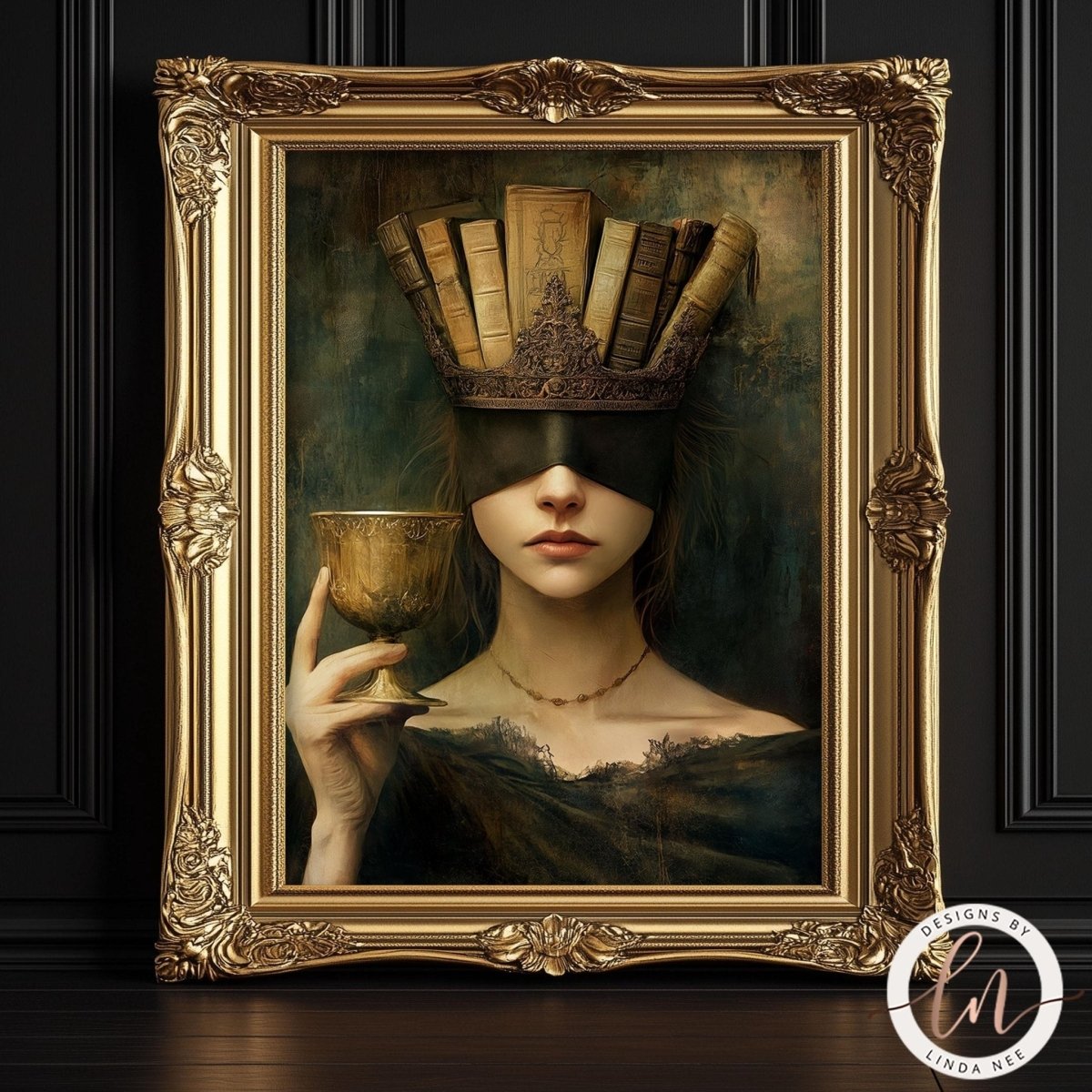 Queen crowned with books wearing a blindfold and holding a cup