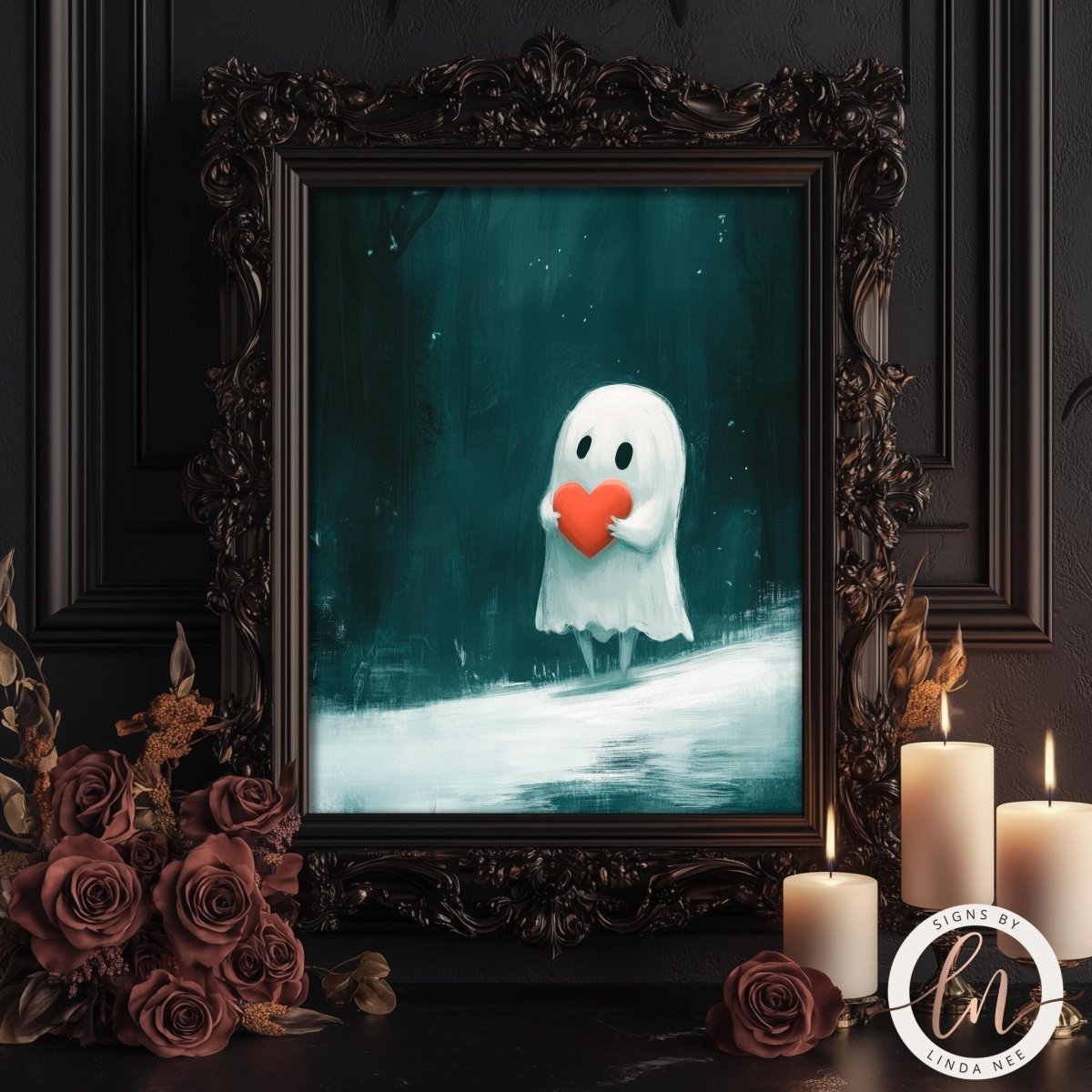 a dark, ornate room with a large, ornate frame hanging on the wall. The frame contains a painting of a ghost holding a red heart. The room also includes a black leather chair and a bookshelf filled with books.