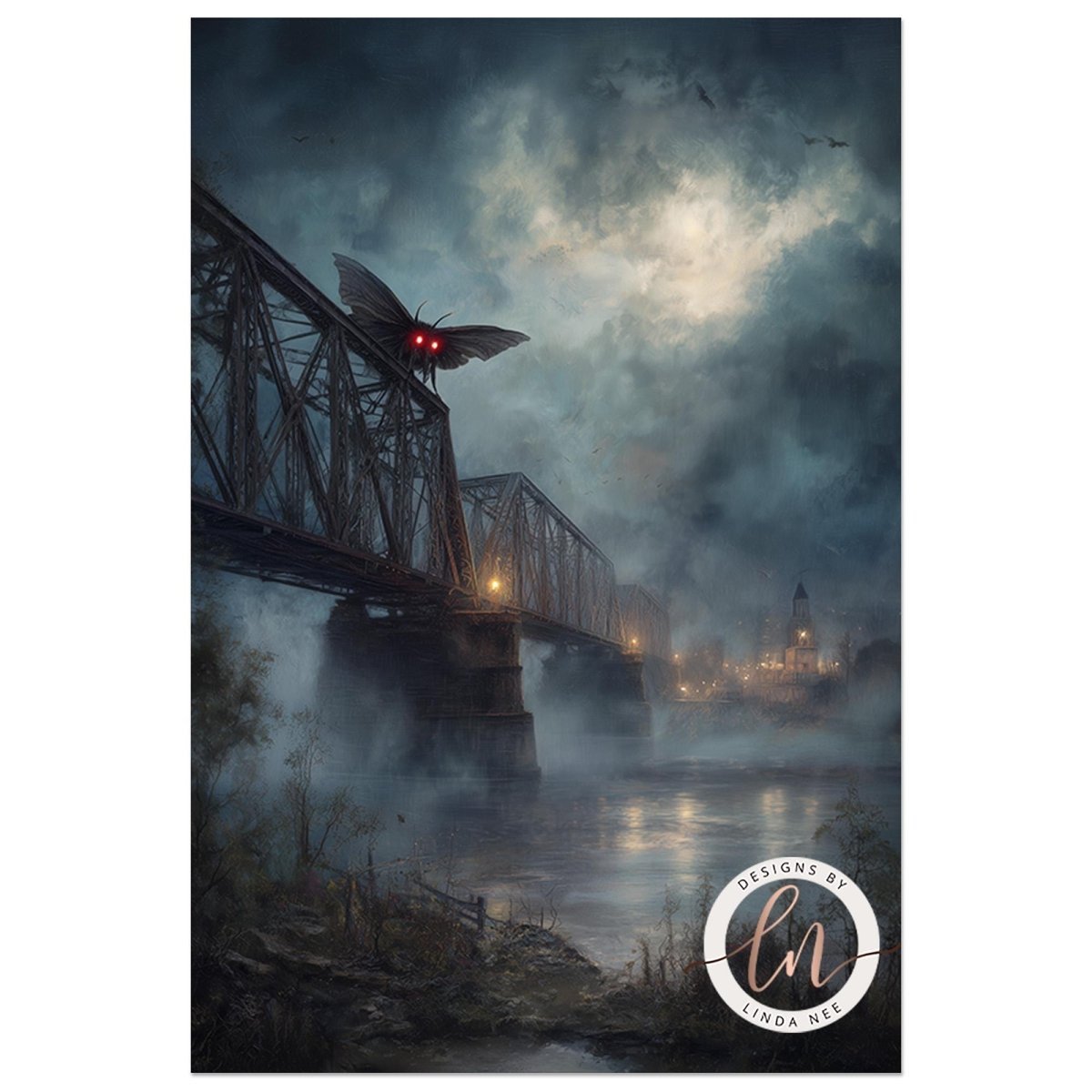 Mothman perched on a metal bridge shrouded in fog and mist