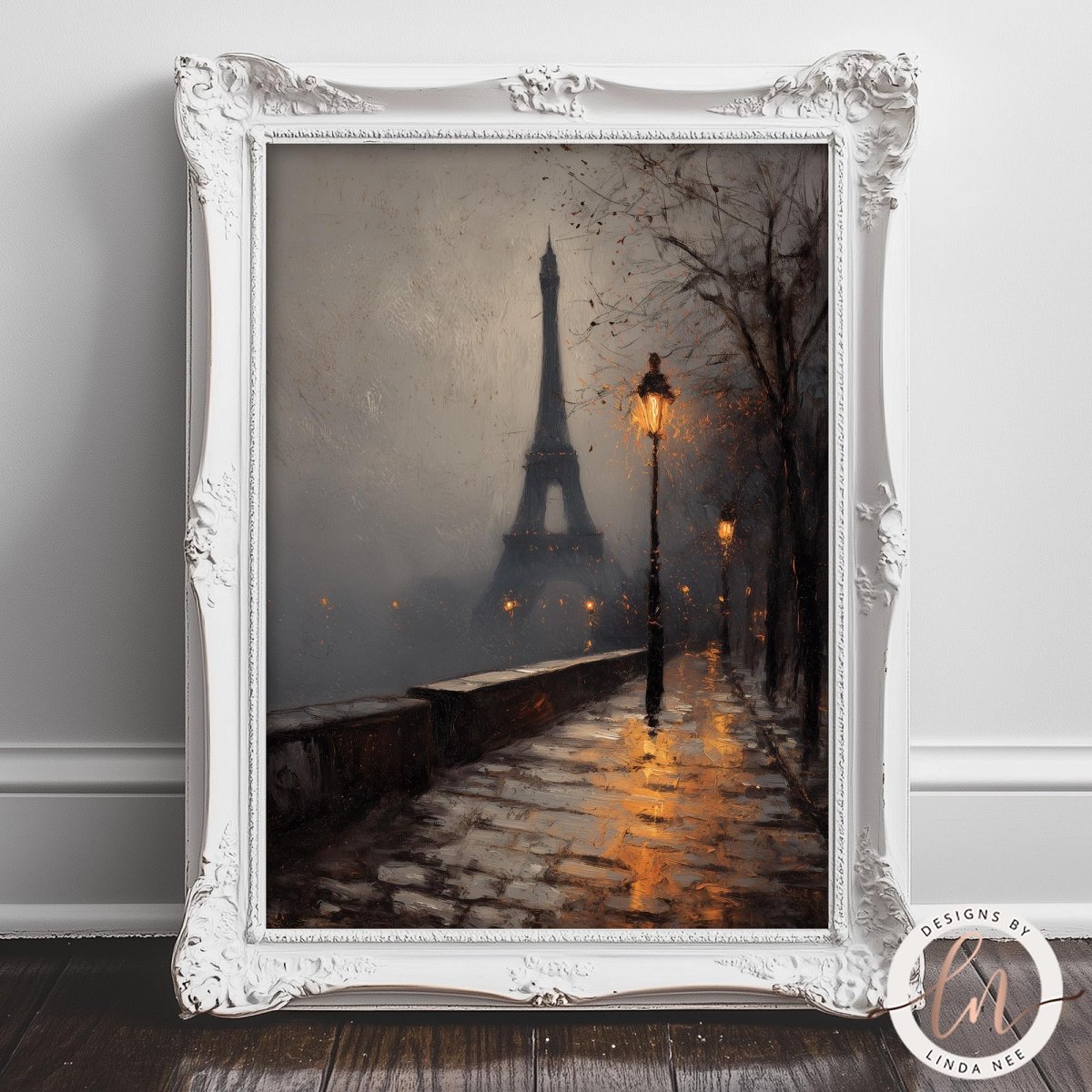 The image is a painting of a rainy night scene with the Eiffel Tower in the background, framed in an ornate white frame.