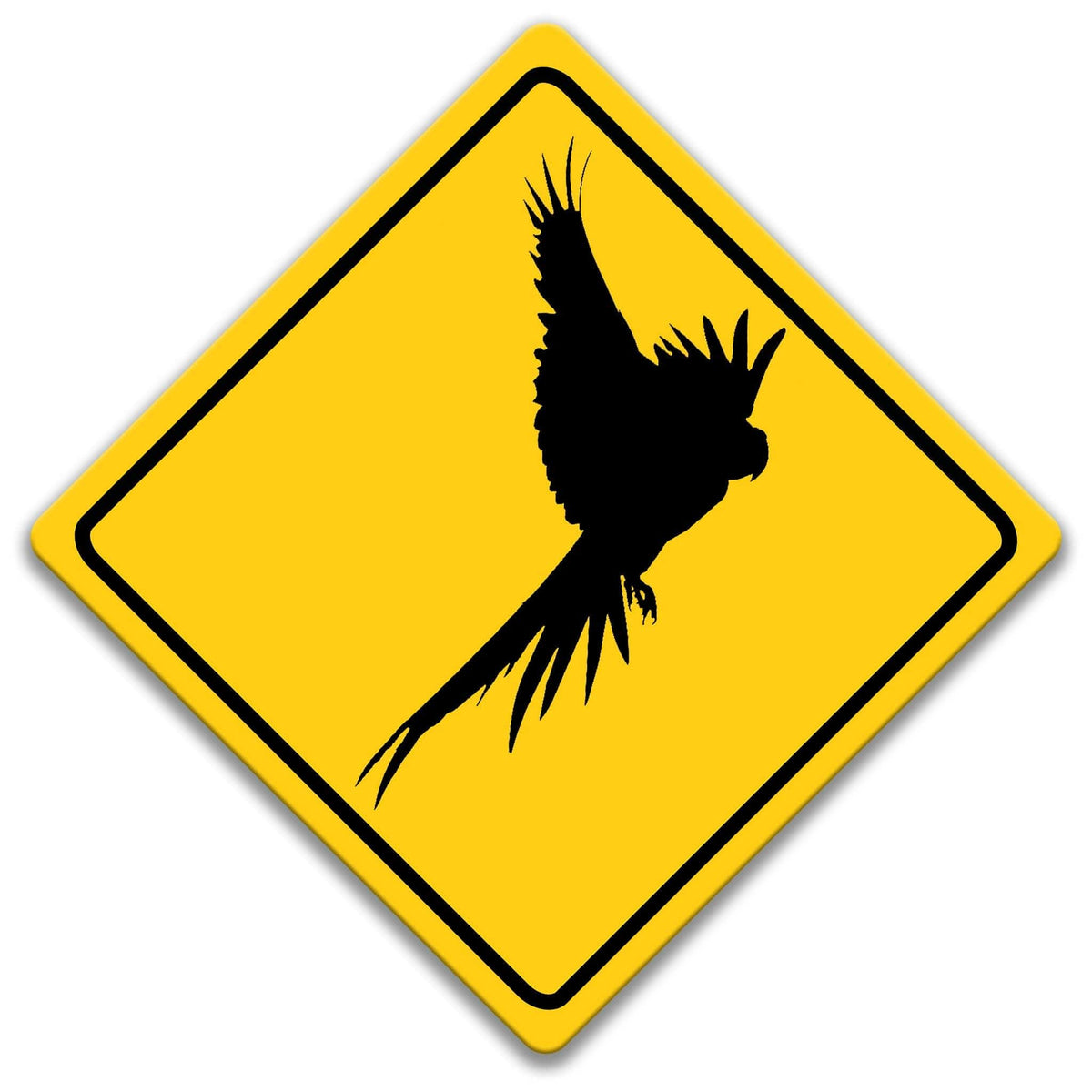 A yellow diamond-shaped road sign with a black silhouette of a bird in flight.