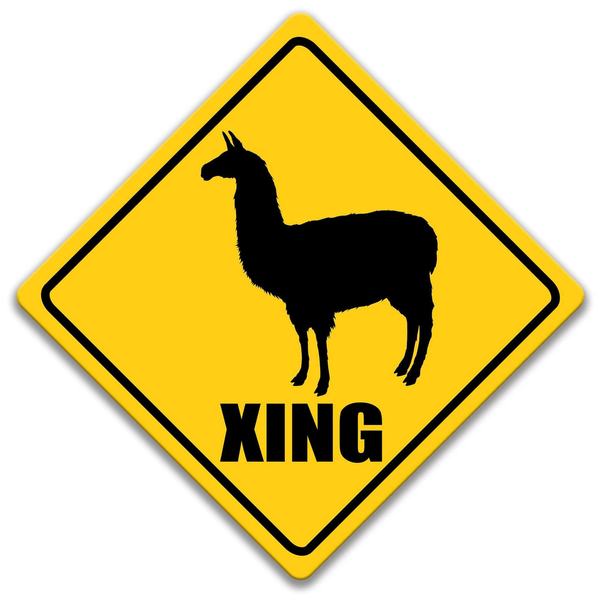 A yellow diamond-shaped road sign with a black silhouette of a llama and the word "XING" below it.