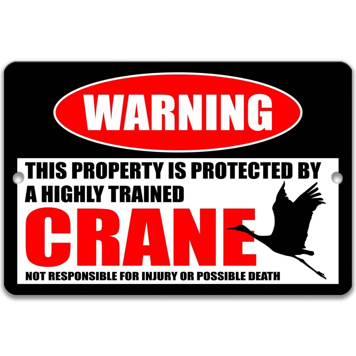 Crane warning metal sign, glossy black, red WARNING oval and flying crane silhouette