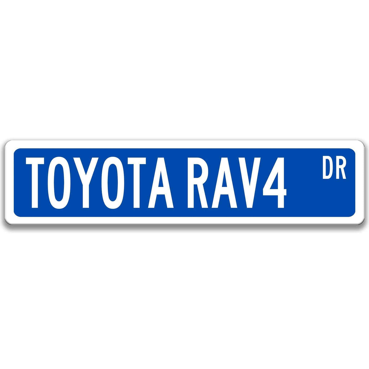 Blue Toyota RAV4 street sign with white text reading TOYOTA RAV4 DR