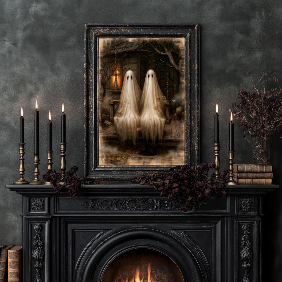 Ghost couple art print on a dark wall with a fireplace and candles