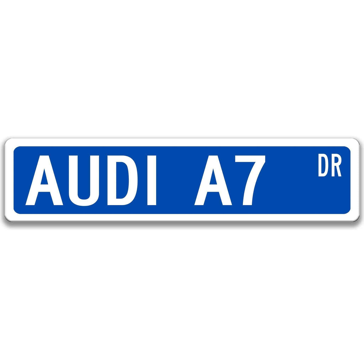 Blue Audi A7 DR aluminum street sign with white lettering