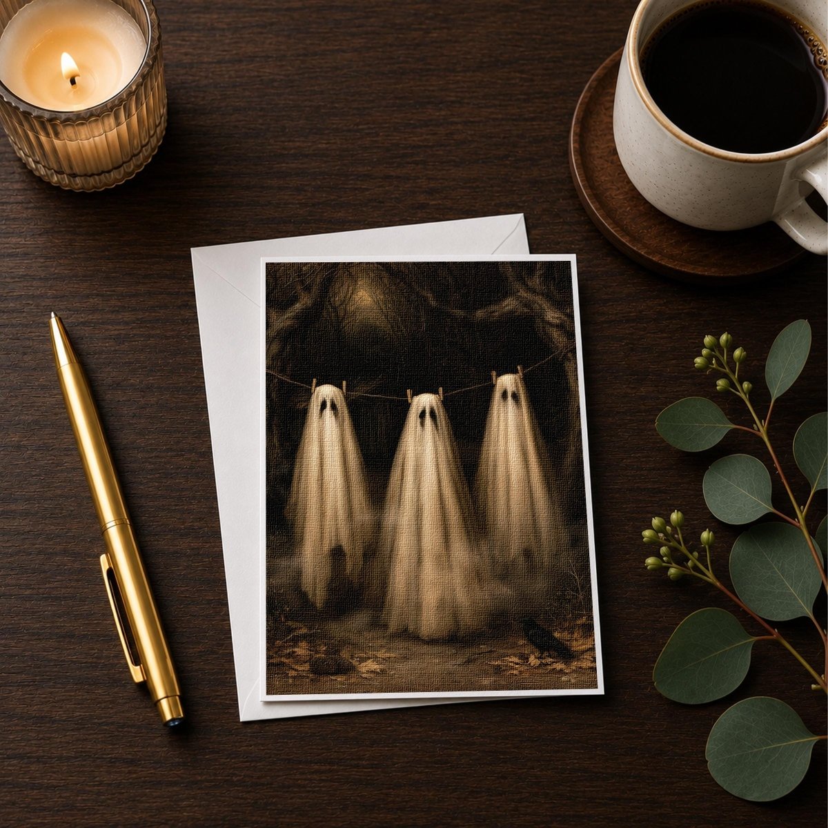 Ghost clothesline note card styled on a wooden desk with a candle, a pen and a coffee cup