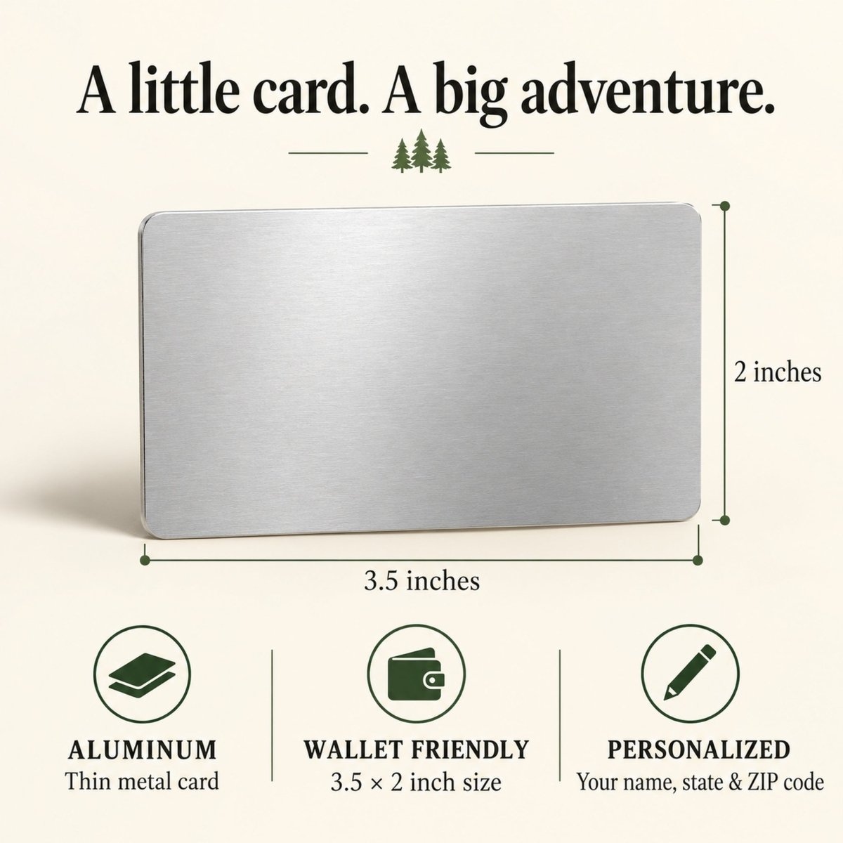 The image is a 3.5-inch aluminum wallet-friendly card with a personalized design, measuring 2 inches in size.