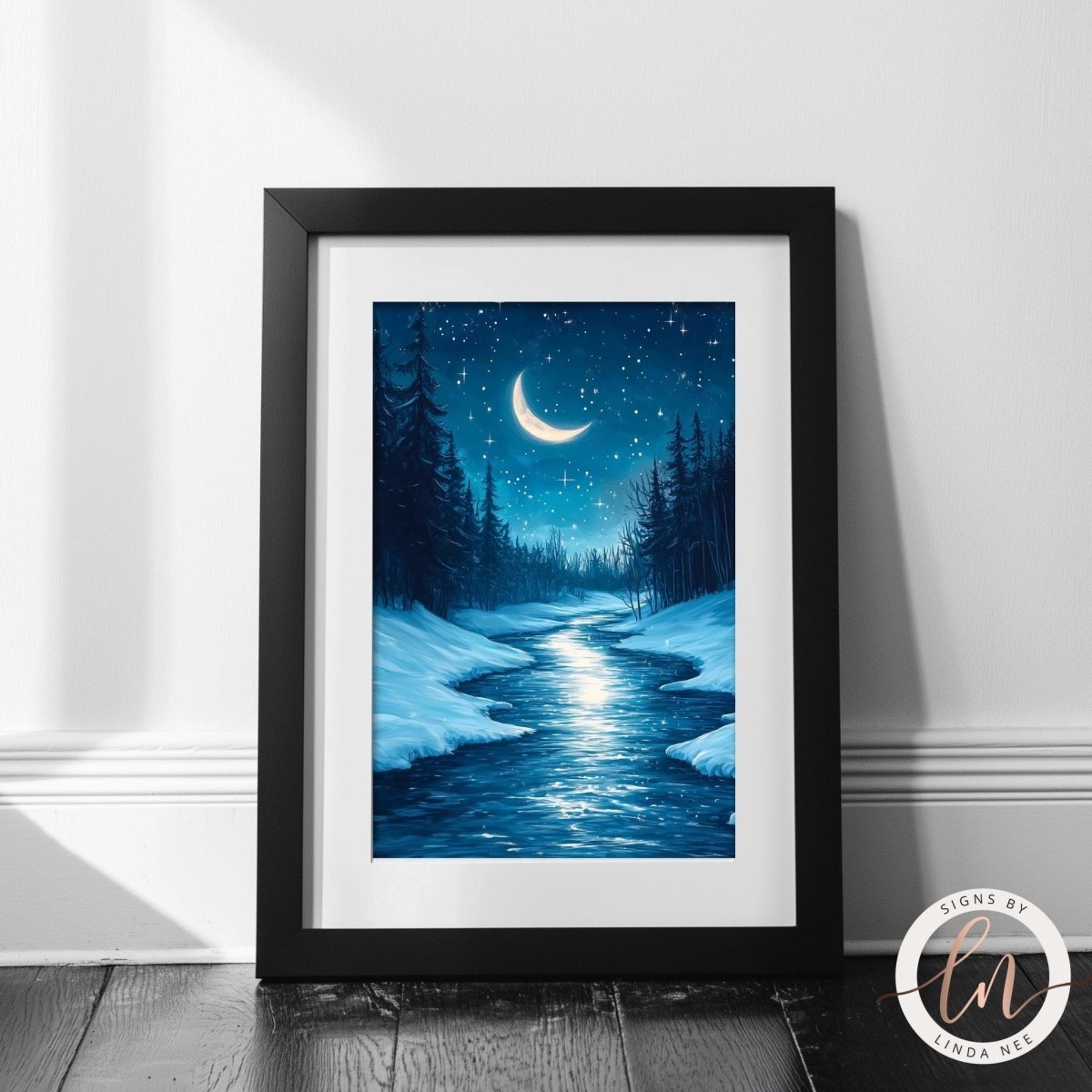 Snow covered river flowing through a forest under a crescent moon