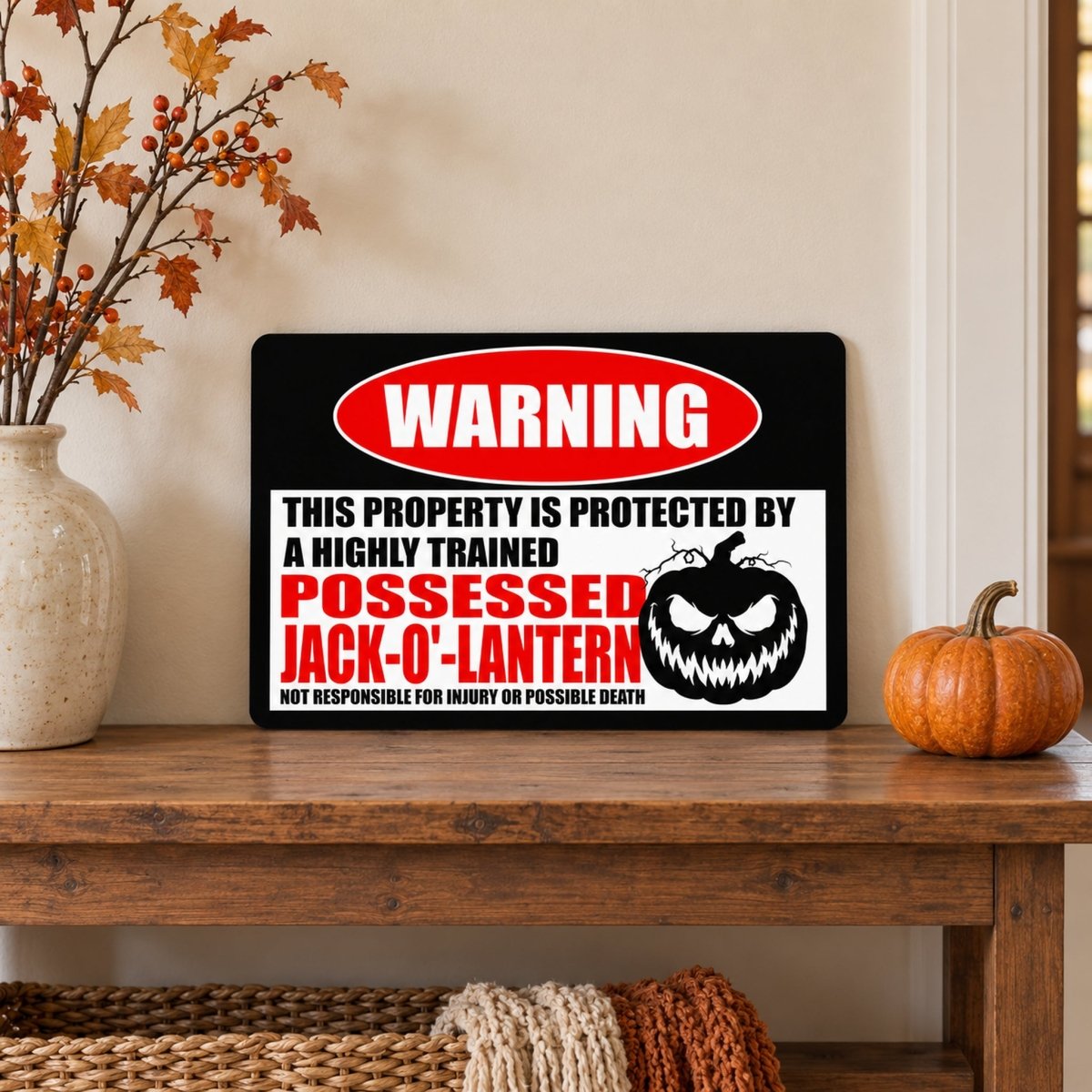 Possessed Jack O Lantern warning sign on a wooden table with a pumpkin