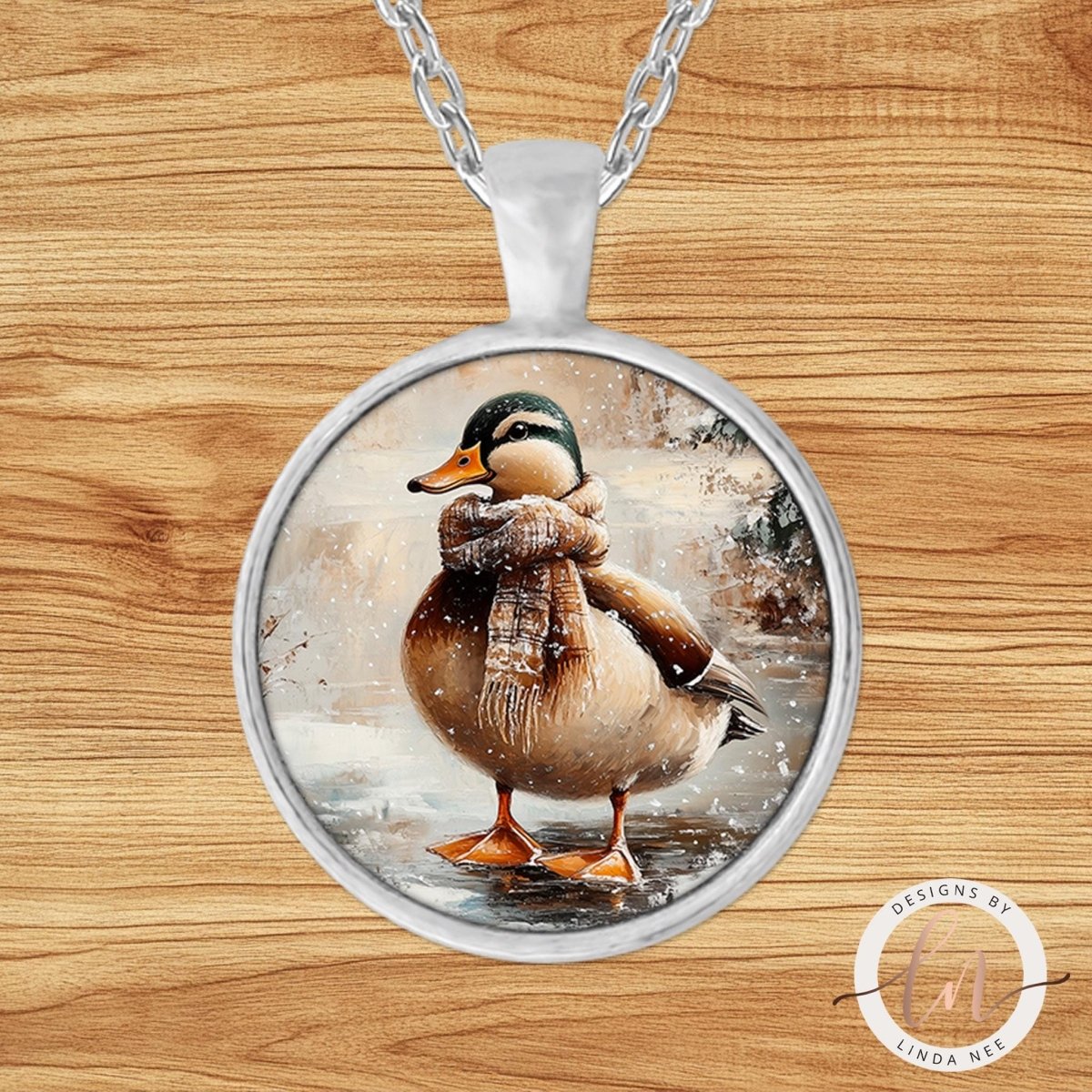 Duck in Plaid Scarf Pendant Necklace