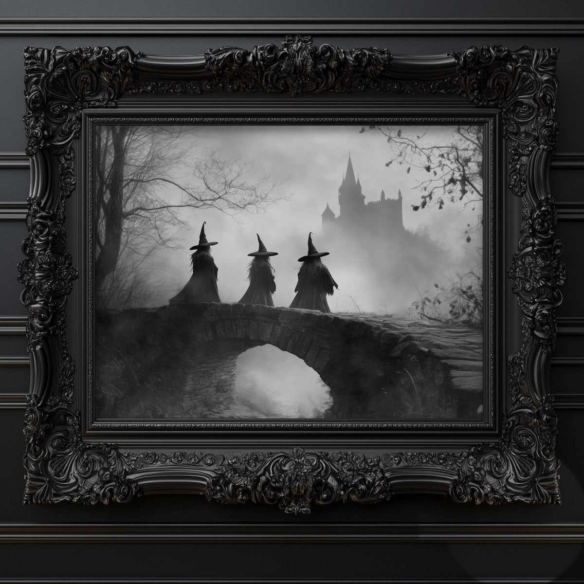 Three witches crossing a misty stone bridge with a castle in the background