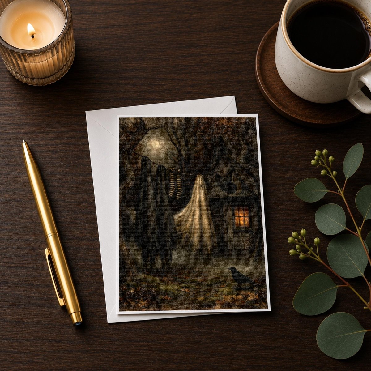 Witch laundry note card styled on a wooden desk with a candle, a pen and a coffee cup