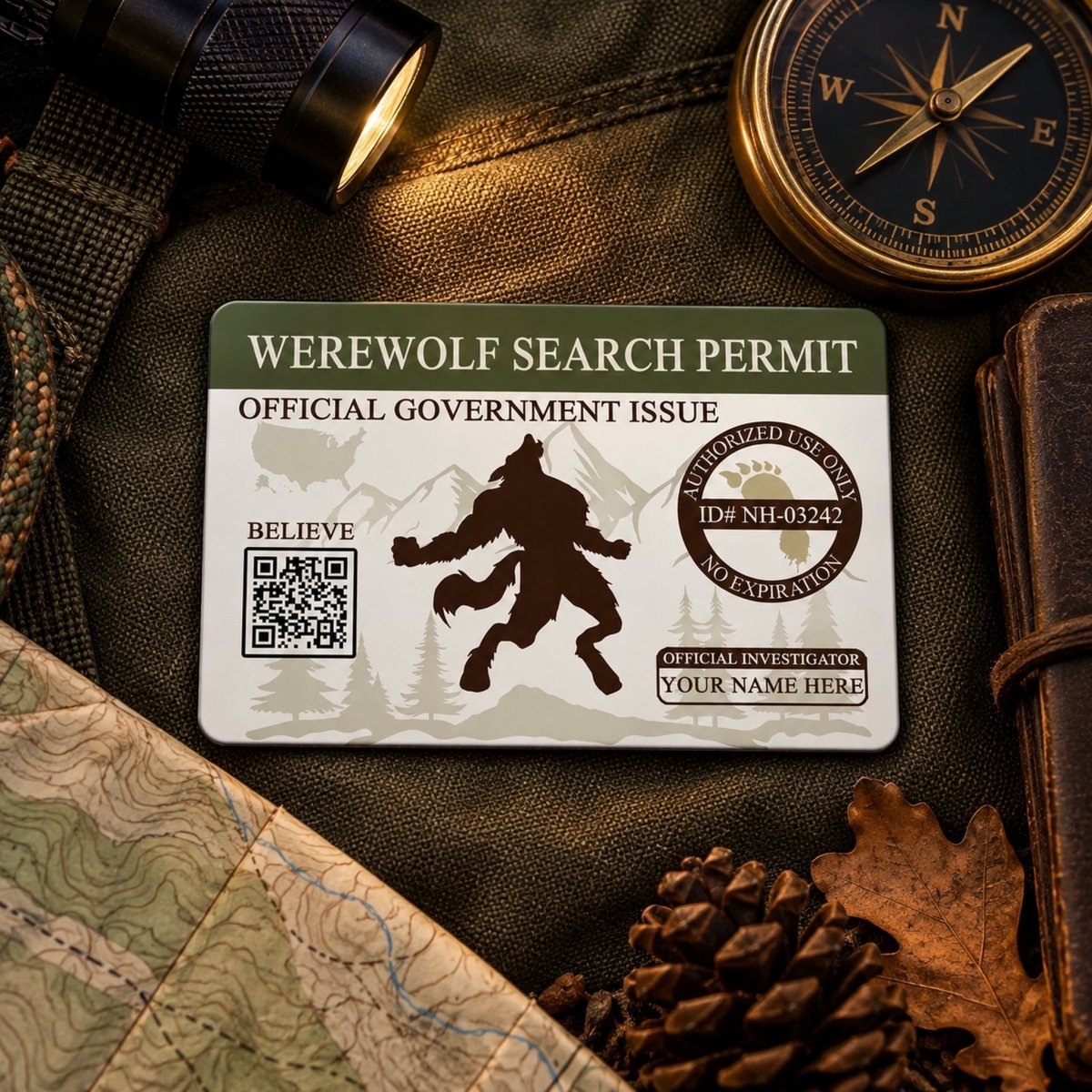 a search permit for a werewolf, with a compass, flashlight, and pine cone nearby.