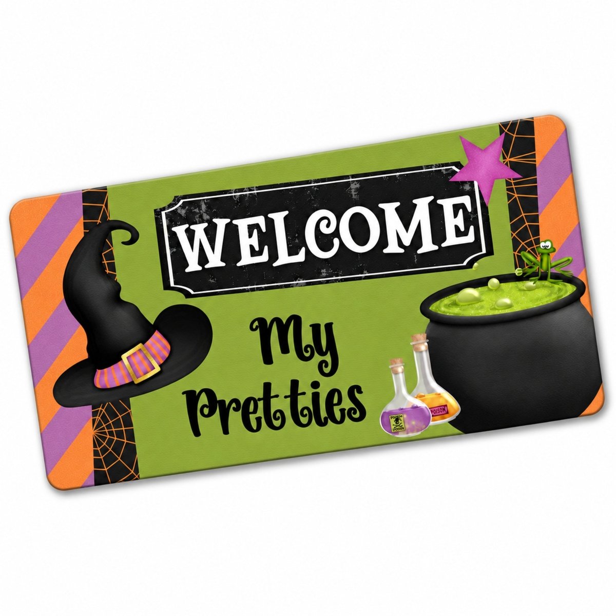 Welcome My Pretties 6x12 metal wreath sign with a witch hat and green cauldron