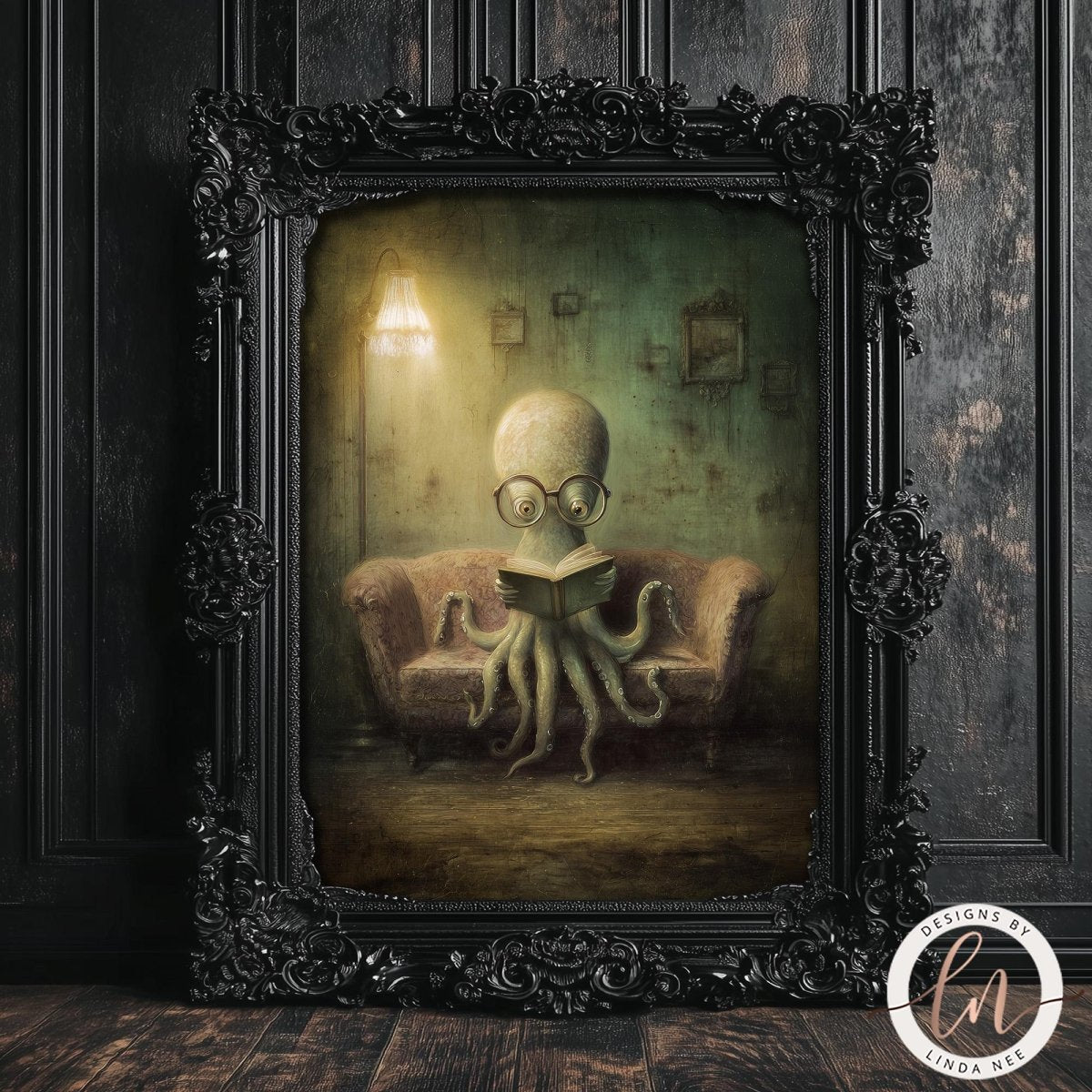 The image is a painting of an octopus sitting on a couch and reading a book.