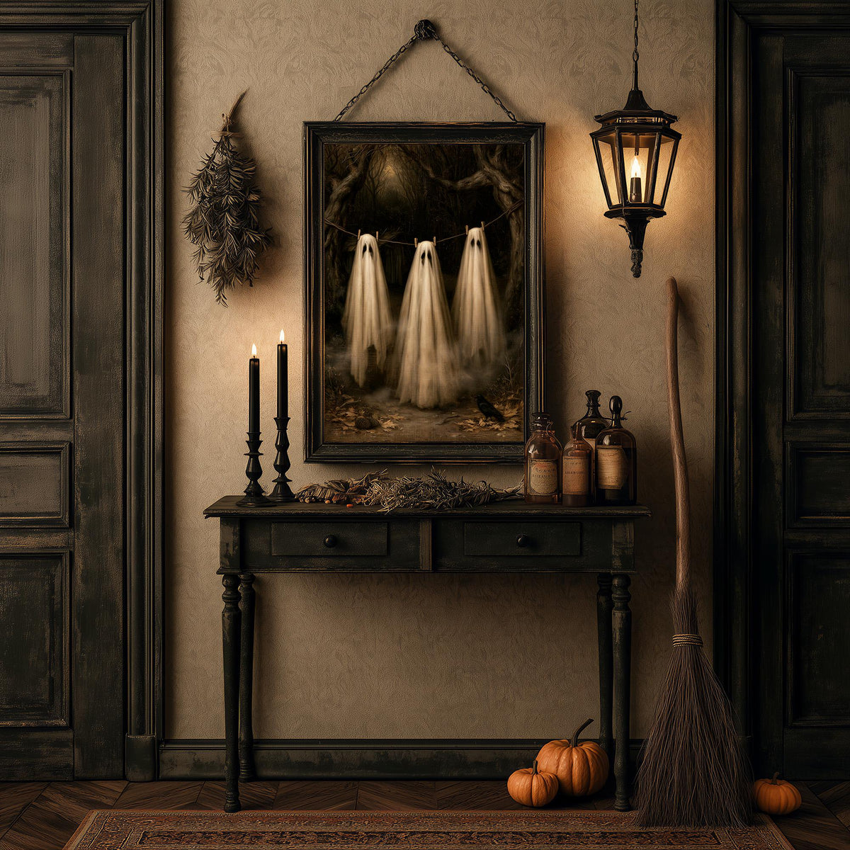 Spooky wall art above a Halloween table with candles and a leaning broom