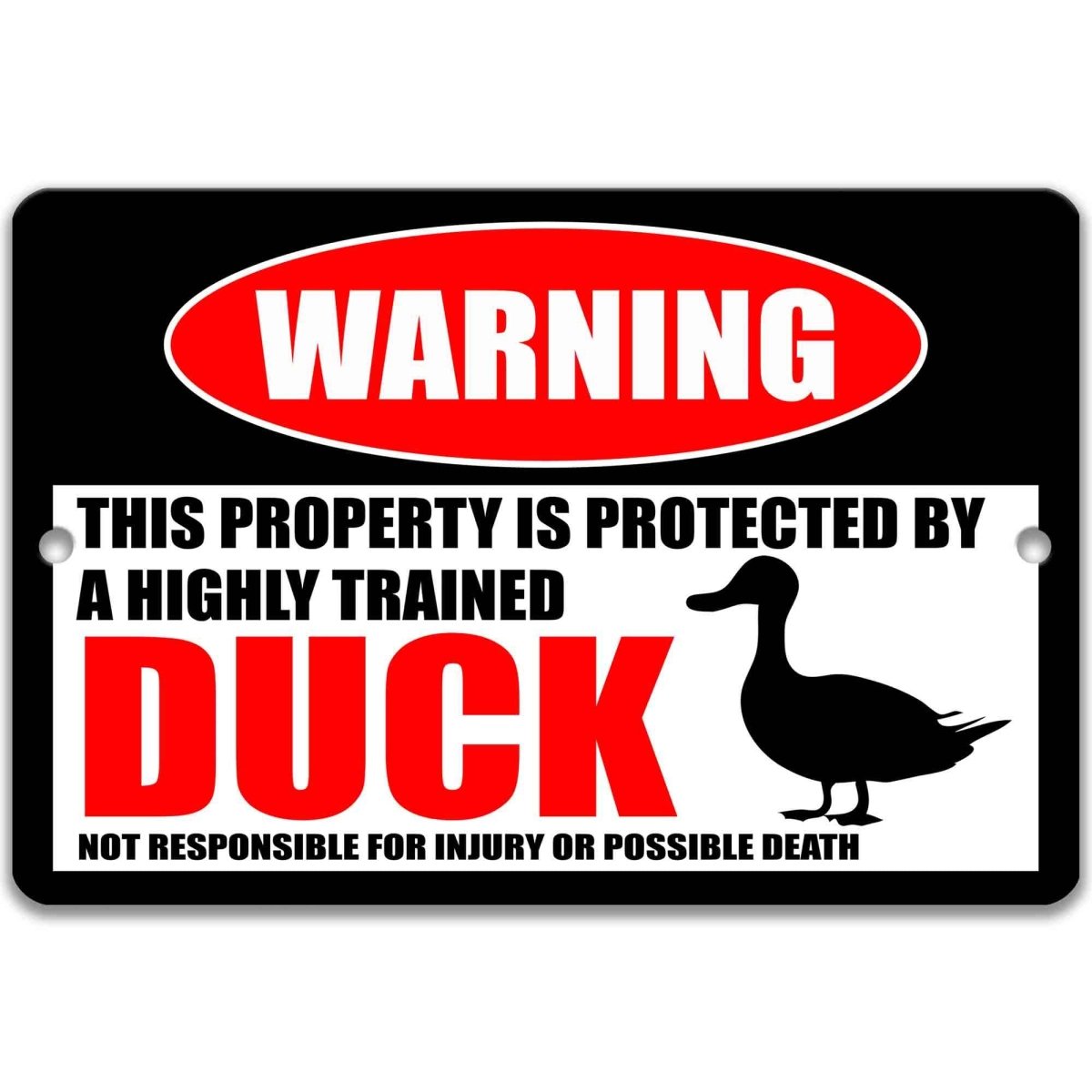 Duck pond warning metal sign, glossy black, red WARNING oval and duck silhouette