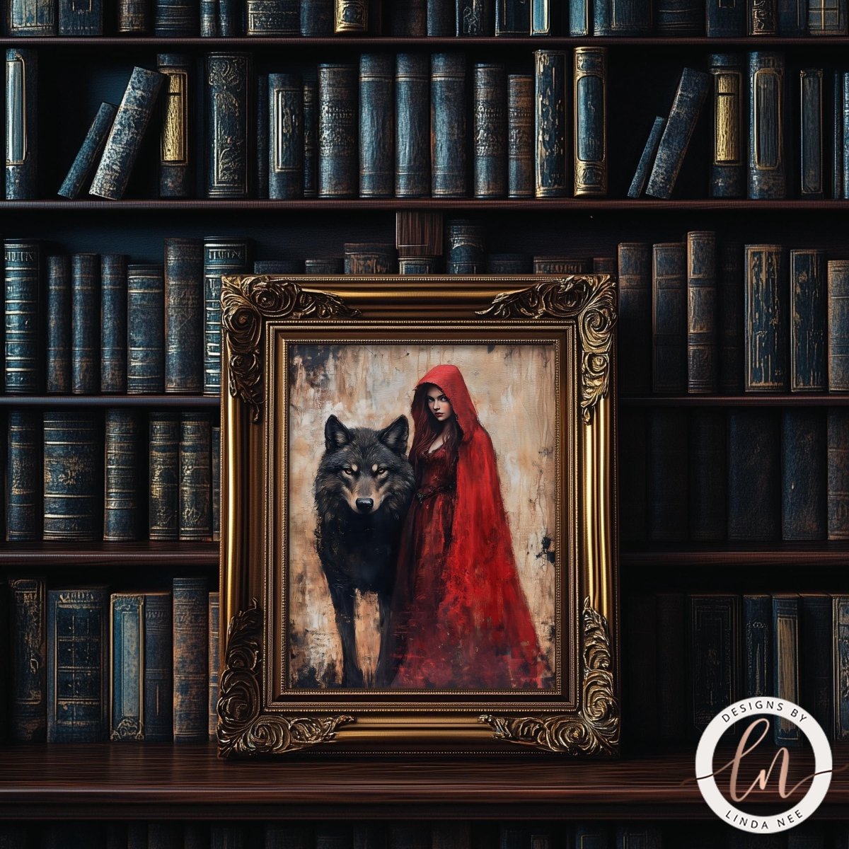 Red Riding Hood with the wolf displayed in a room with bookshelves