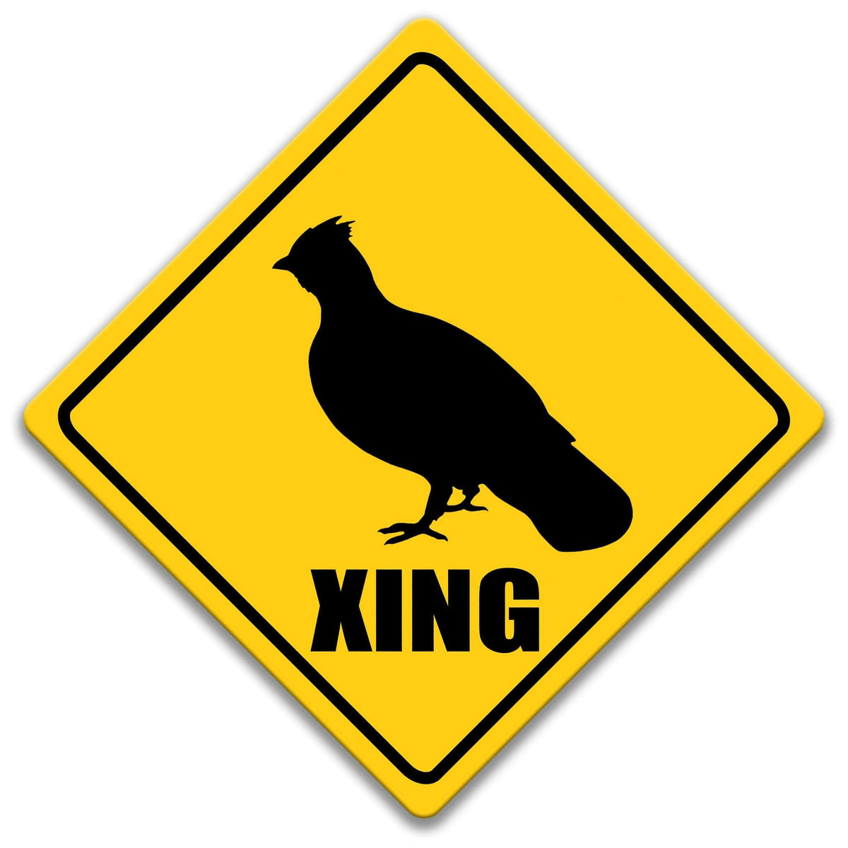 A yellow diamond-shaped sign with a black silhouette of a bird, and the word "XING" written below it.