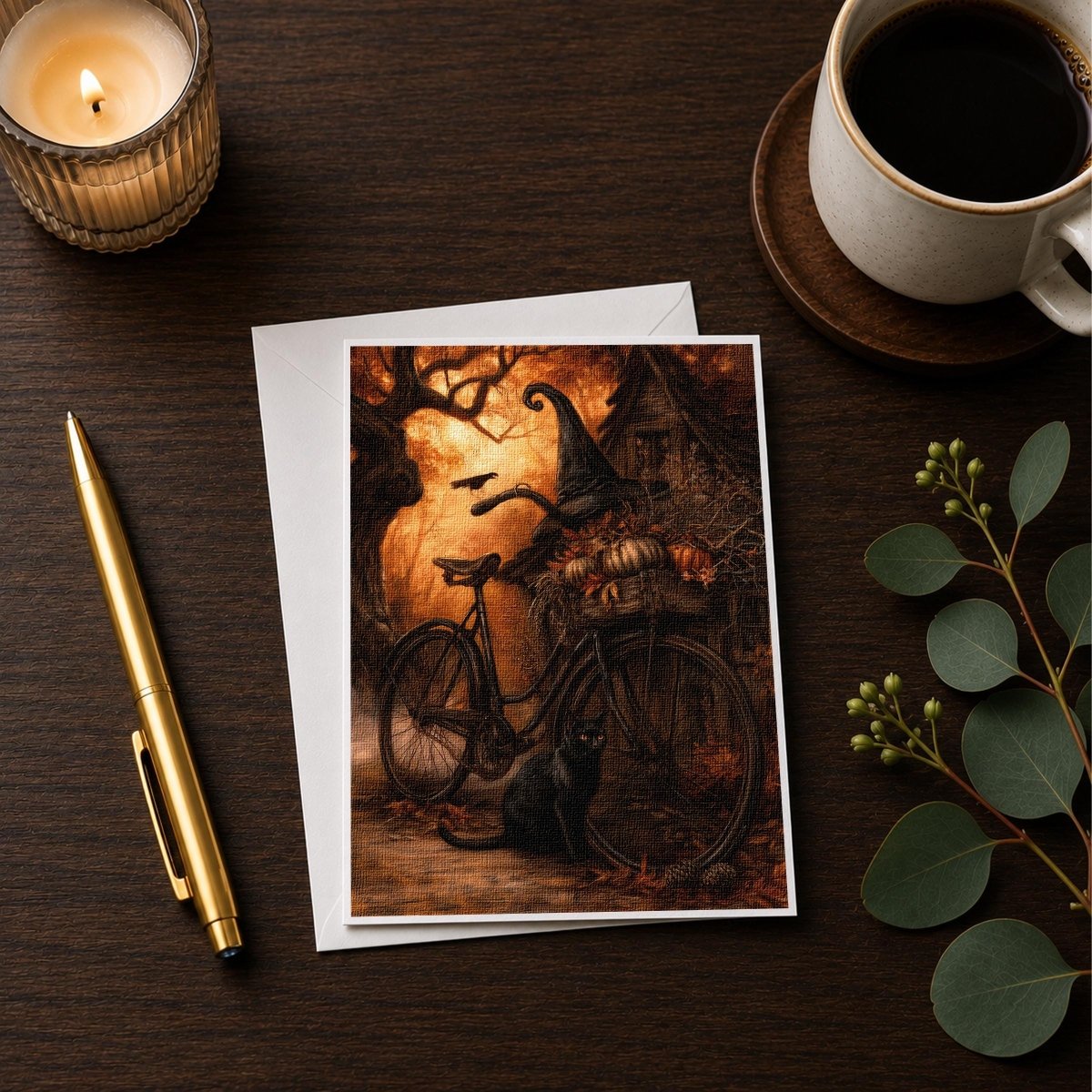 Autumn bicycle note card styled on a wooden desk with a candle, a pen and a coffee cup