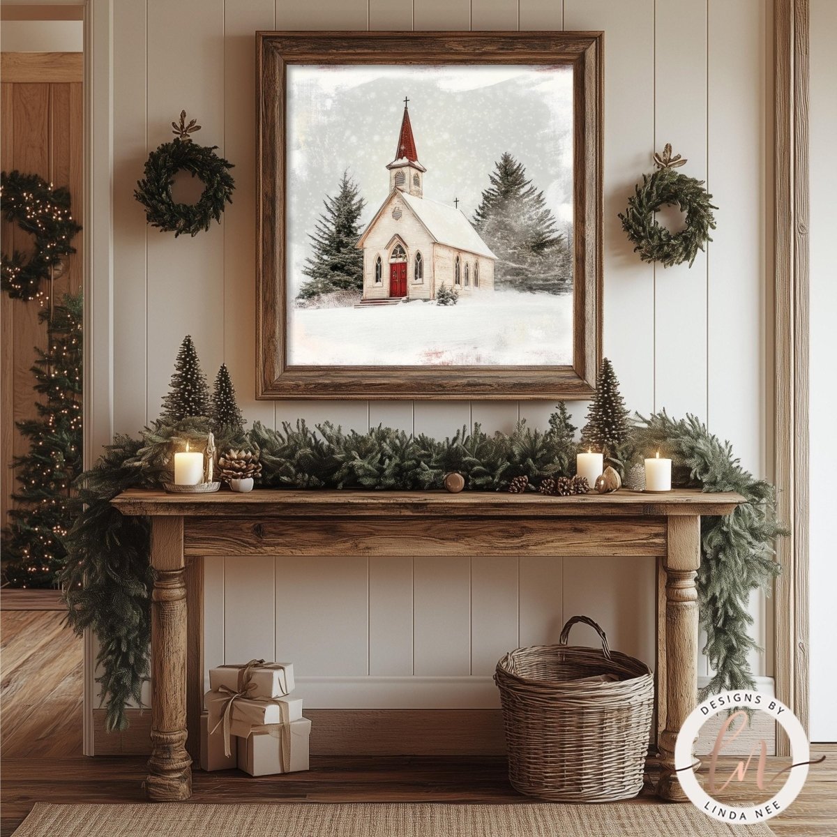 Church steeple in the snow print displayed above a rustic wooden console