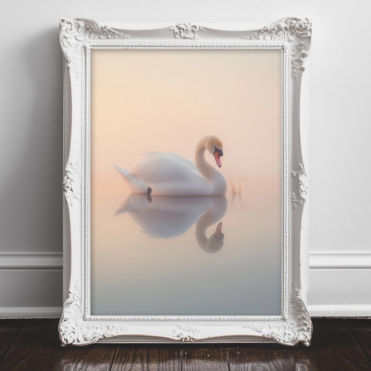 A white swan gracefully floating on a calm body of water, reflected in the still surface, creating a serene and peaceful scene.