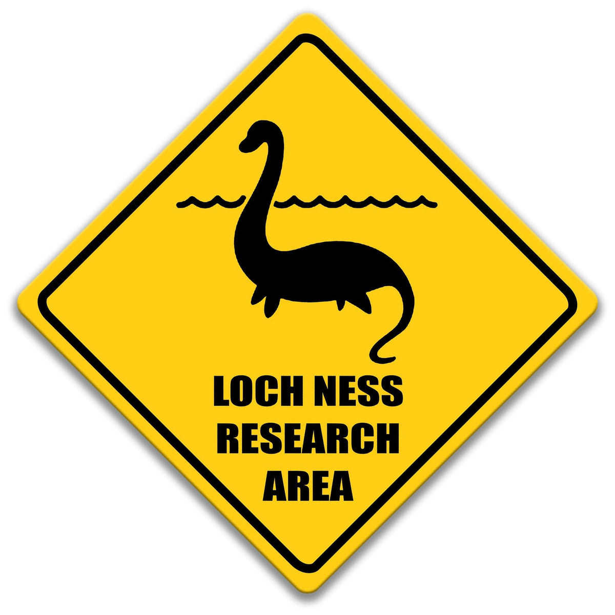 A yellow diamond-shaped sign with a black silhouette of a Loch Ness Monster and the text "Loch Ness Research Area" below it.