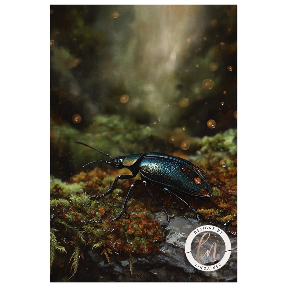 A close-up of a colorful beetle resting on a mossy surface, surrounded by a lush, green environment.
